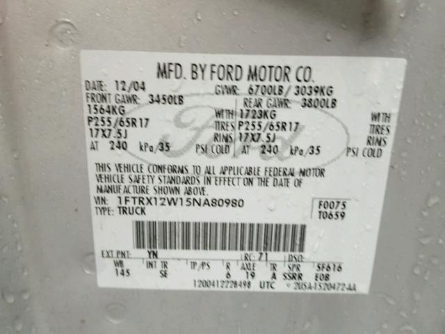 1FTRX12W15NA80980 - 2005 FORD F150 SILVER photo 10