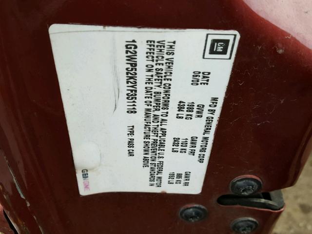 1G2WP52K2YF351118 - 2000 PONTIAC GRAND PRIX BURGUNDY photo 10