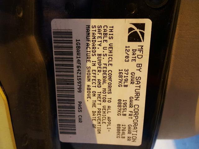 1G8AW14F64Z159799 - 2004 SATURN ION LEVEL GREEN photo 10