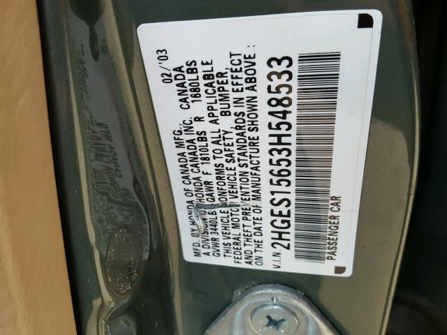 2HGES15653H548533 - 2003 HONDA CIVIC LX GREEN photo 10