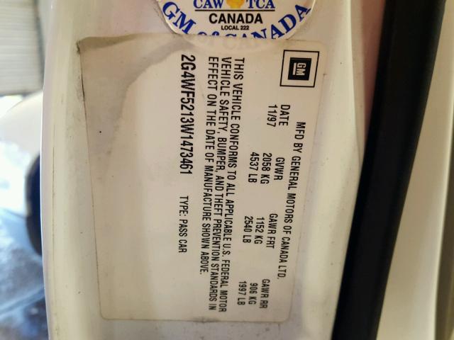 2G4WF5213W1473461 - 1998 BUICK REGAL GS WHITE photo 10