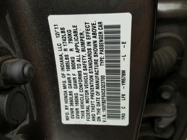 19XFB2F5XCE323700 - 2012 HONDA CIVIC LX CHARCOAL photo 10