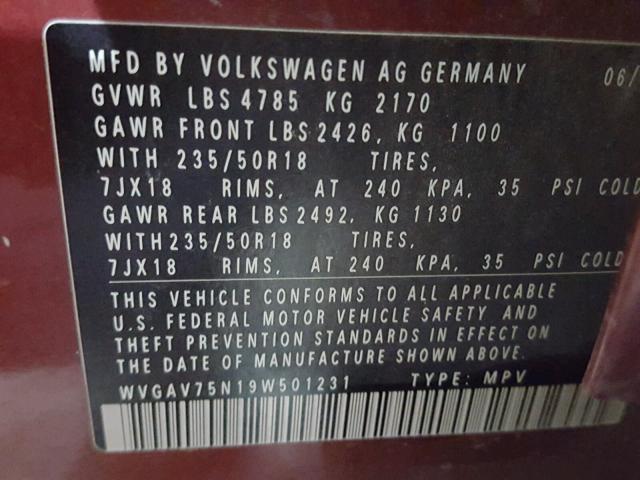 WVGAV75N19W501231 - 2009 VOLKSWAGEN TIGUAN S MAROON photo 10