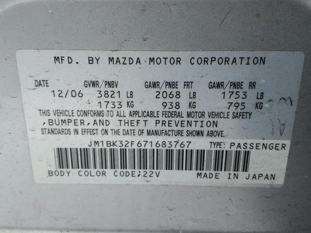 JM1BK32F671683767 - 2007 MAZDA 3 I SILVER photo 10