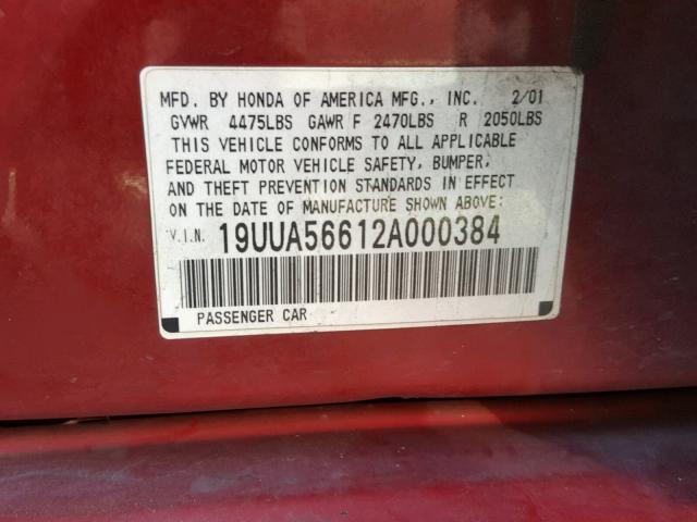 19UUA56612A000384 - 2002 ACURA 3.2TL BURGUNDY photo 10