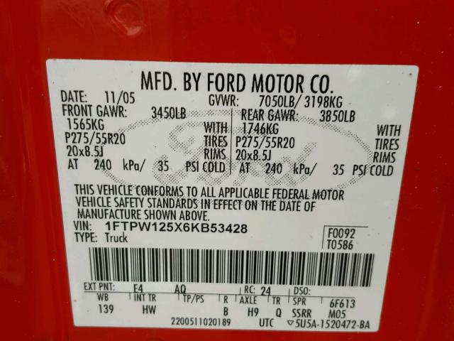 1FTPW125X6KB53428 - 2006 FORD F150 SUPER RED photo 10