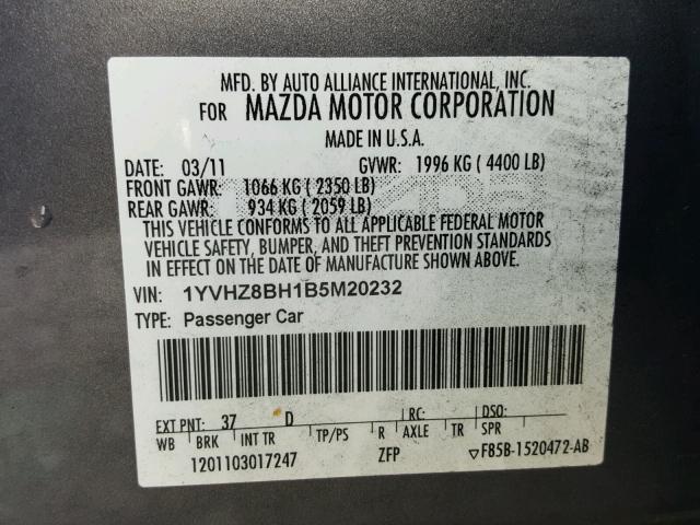 1YVHZ8BH1B5M20232 - 2011 MAZDA 6 I GRAY photo 10