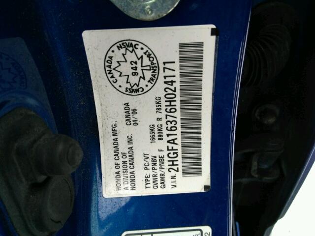 2HGFA16376H024171 - 2006 HONDA CIVIC DX V BLUE photo 10