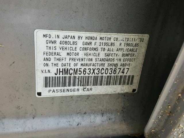 JHMCM563X3C036747 - 2003 HONDA ACCORD LX SILVER photo 10