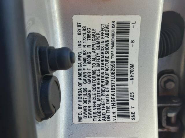 1HGFA16577L062599 - 2007 HONDA CIVIC LX SILVER photo 10