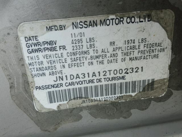 JN1DA31A12T002321 - 2002 NISSAN MAXIMA GLE SILVER photo 10