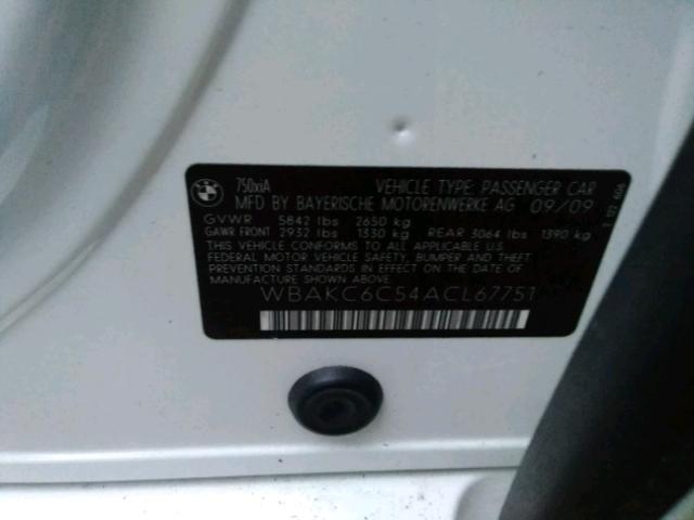 WBAKC6C54ACL67751 - 2010 BMW 750 I WHITE photo 10