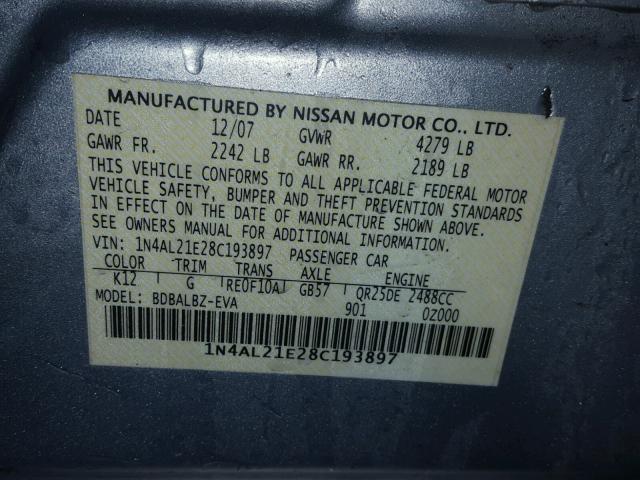 1N4AL21E28C193897 - 2008 NISSAN ALTIMA 2.5 SILVER photo 10