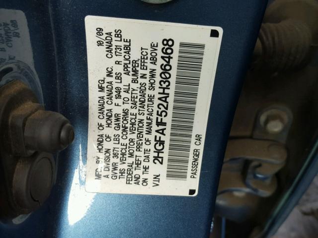 2HGFA1F52AH306468 - 2010 HONDA CIVIC LX BLUE photo 10