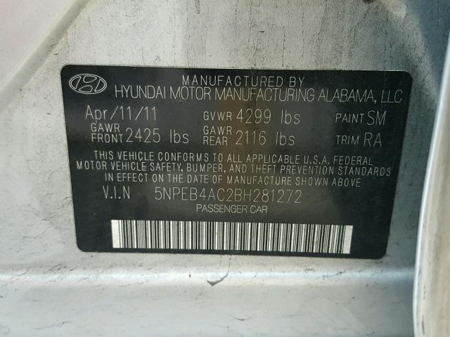 5NPEB4AC2BH281272 - 2011 HYUNDAI SONATA GLS SILVER photo 10