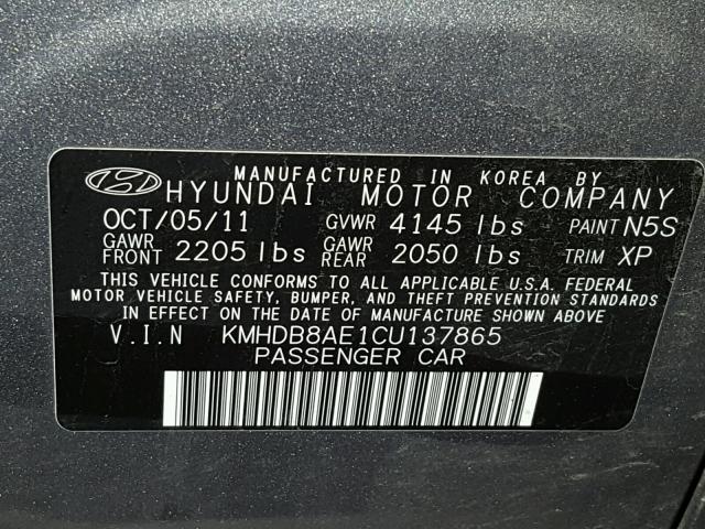 KMHDB8AE1CU137865 - 2012 HYUNDAI ELANTRA TO GRAY photo 10