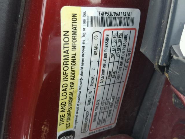 1FAFP53U96A113181 - 2006 FORD TAURUS SE RED photo 10