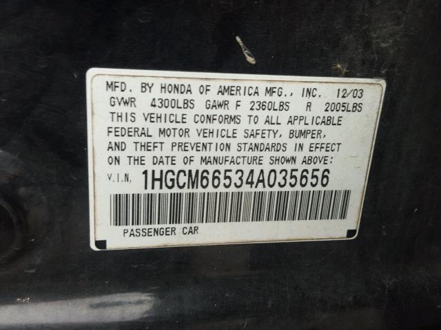 1HGCM66534A035656 - 2004 HONDA ACCORD EX BLACK photo 10