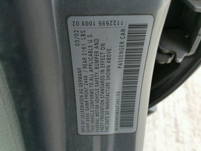 WVWRH63B92P365156 - 2002 VOLKSWAGEN PASSAT GLX GRAY photo 10