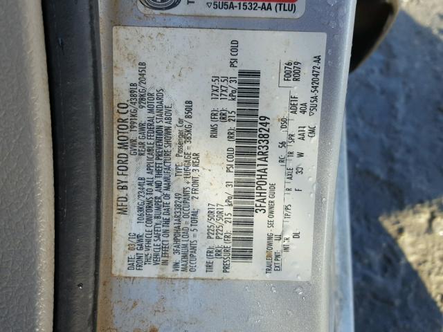 3FAHP0HA1AR338249 - 2010 FORD FUSION SE SILVER photo 10