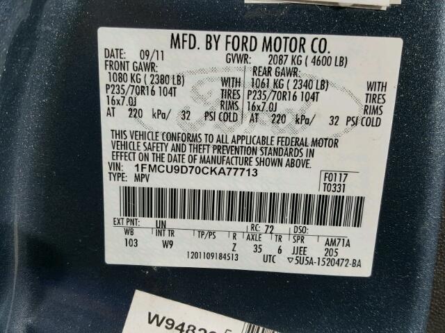 1FMCU9D70CKA77713 - 2012 FORD ESCAPE XLT BLUE photo 10