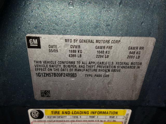 1G1ZH57B09F248983 - 2009 CHEVROLET MALIBU 1LT 绿色 照片 10