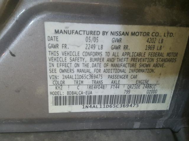 1N4AL11D65C369475 - 2005 NISSAN ALTIMA S GRAY photo 10