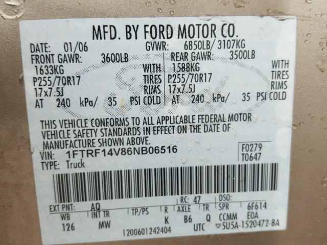 1FTRF14V86NB06516 - 2006 FORD F150 TAN photo 10