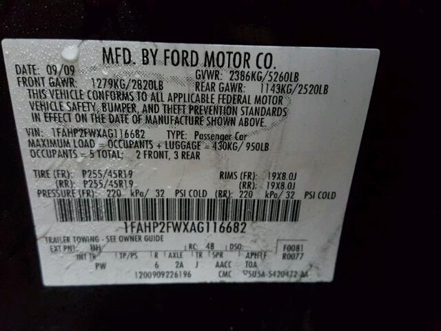 1FAHP2FWXAG116682 - 2010 FORD TAURUS LIM BLACK photo 10