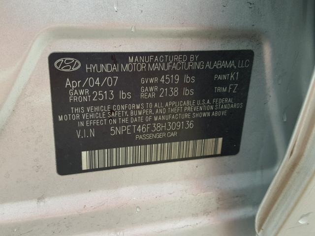 5NPET46F38H309136 - 2008 HYUNDAI SONATA GLS SILVER photo 10