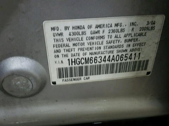 1HGCM66344A065411 - 2004 HONDA ACCORD LX SILVER photo 10