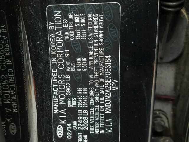 KNDJN2A28E7063184 - 2014 KIA SOUL BLACK photo 10