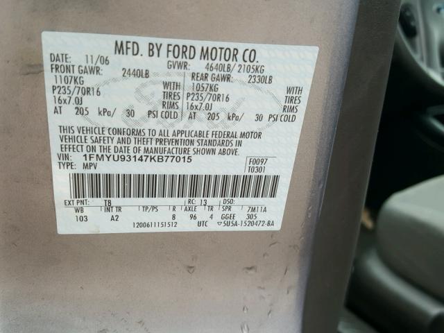 1FMYU93147KB77015 - 2007 FORD ESCAPE XLT GRAY photo 10