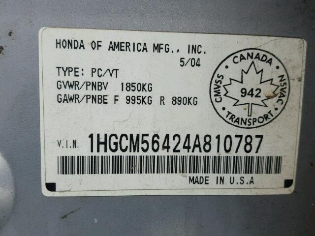 1HGCM56424A810787 - 2004 HONDA ACCORD LX SILVER photo 10