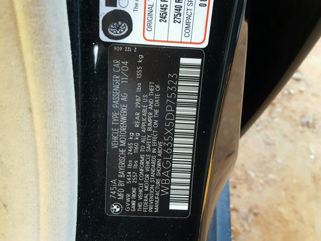 WBAGL635X5DP75323 - 2005 BMW 745 I BLACK photo 10