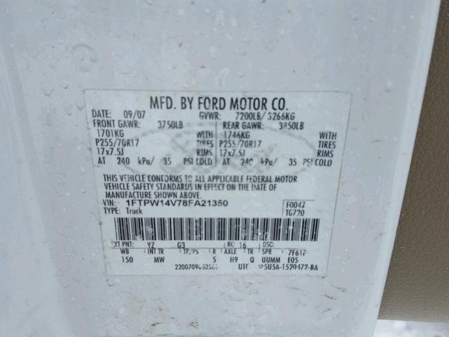 1FTPW14V78FA21350 - 2008 FORD F150 SUPER WHITE photo 10