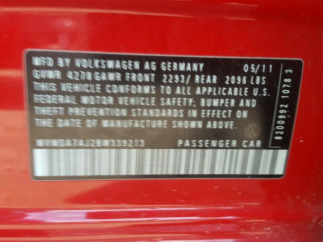 WVWDA7AJ2BW339213 - 2011 VOLKSWAGEN GOLF 红色 照片 10