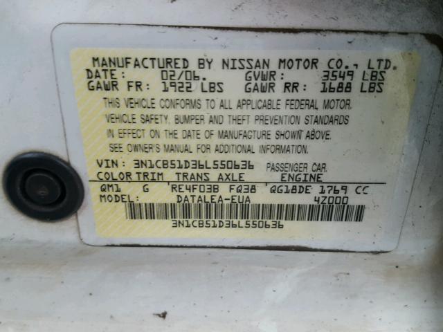 3N1CB51D36L550636 - 2006 NISSAN SENTRA 1.8 WHITE photo 10