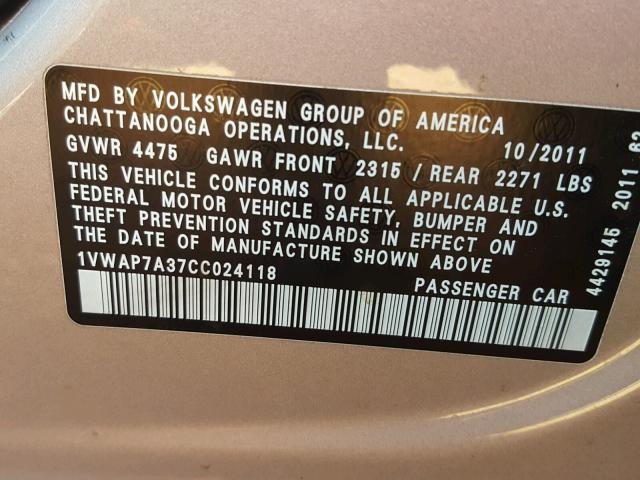 1VWAP7A37CC024118 - 2012 VOLKSWAGEN PASSAT S SILVER photo 10