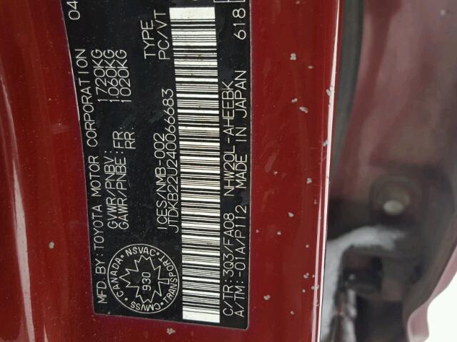 JTDKB22U240066683 - 2004 TOYOTA PRIUS RED photo 10