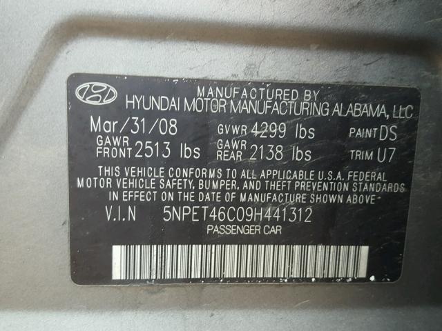 5NPET46C09H441312 - 2009 HYUNDAI SONATA GLS GRAY photo 10