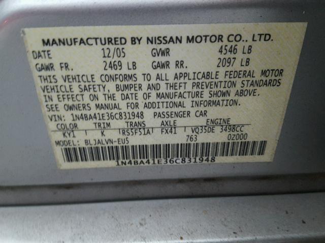 1N4BA41E36C831948 - 2006 NISSAN MAXIMA SE SILVER photo 10