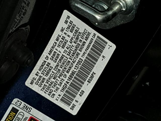 1HGFA16896L137053 - 2006 HONDA CIVIC EX 蓝色 照片 10