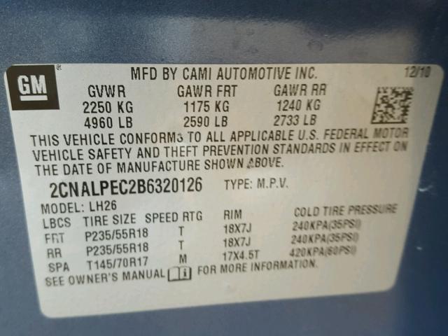 2CNALPEC2B6320126 - 2011 CHEVROLET EQUINOX LT BLUE photo 10