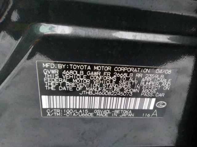 JTHBJ46G082245073 - 2008 LEXUS ES 350 GRAY photo 10