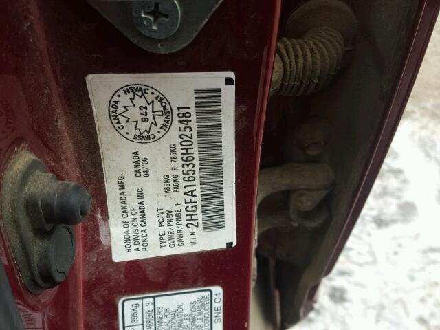 2HGFA16536H025481 - 2006 HONDA CIVIC LX BURGUNDY photo 10