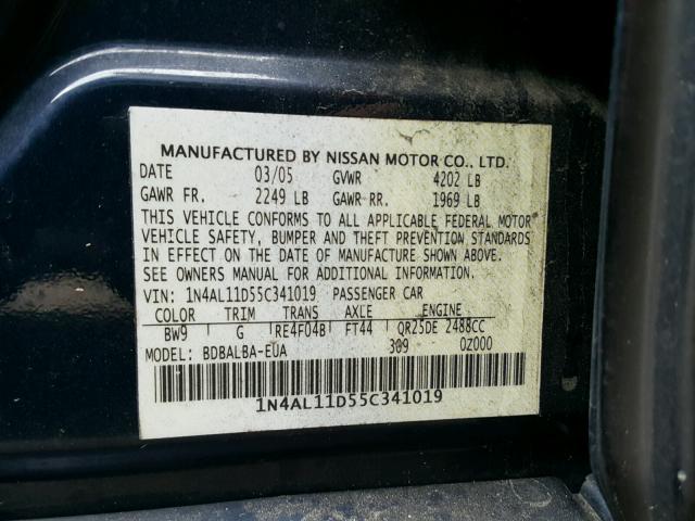 1N4AL11D55C341019 - 2005 NISSAN ALTIMA S BLUE photo 10