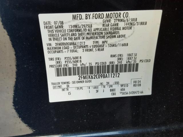 2FMEK62C09BA11212 - 2009 FORD FLEX SEL ლურჯი ფოტო 10