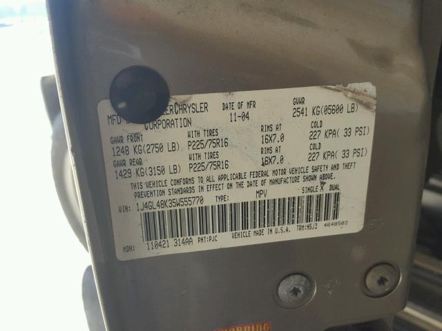 1J4GL48K35W555770 - 2005 JEEP LIBERTY SP TAN photo 10