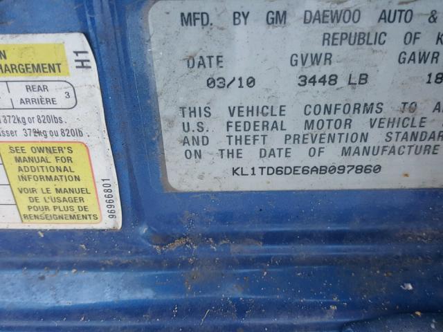 KL1TD6DE6AB097860 - 2010 CHEVROLET AVEO LS BLUE photo 10